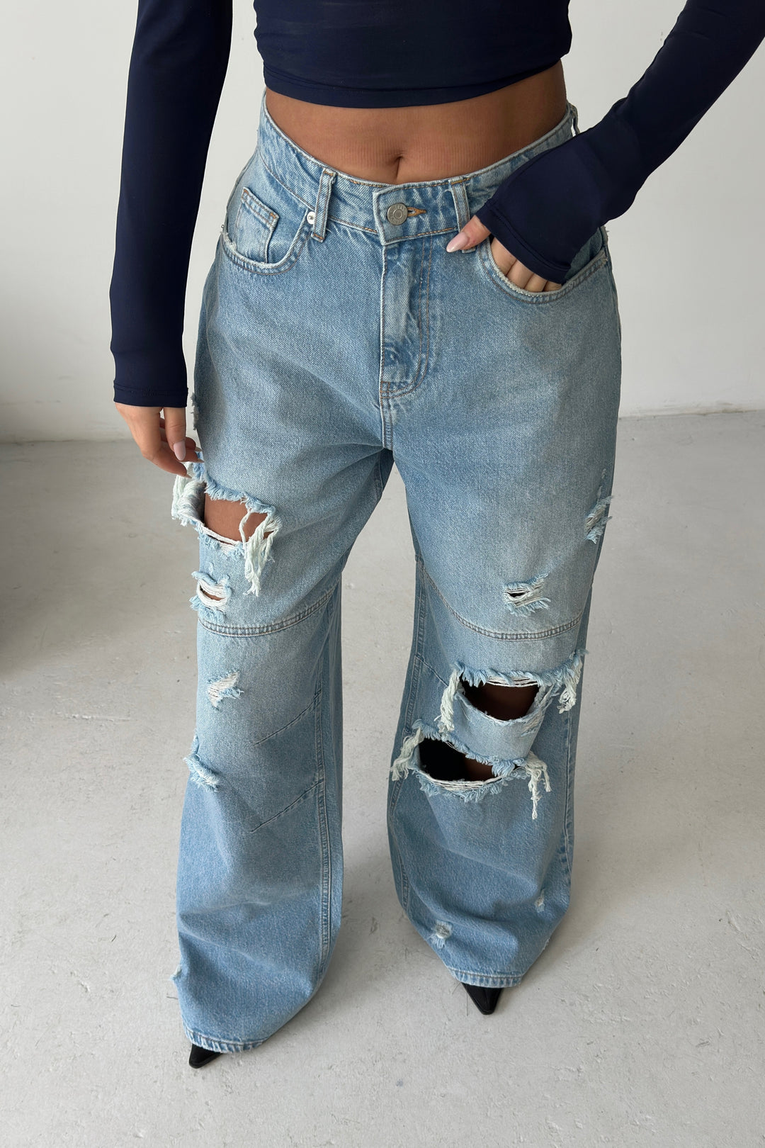 Routines Seam Detail Ripped Jeans - Light Blue 1373-3 Jeans Routines Fashion