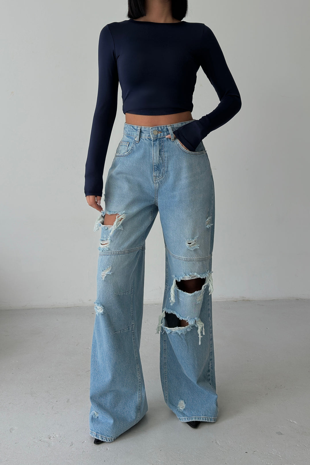 Routines Seam Detail Ripped Jeans - Light Blue 1373-3 Jeans Routines Fashion