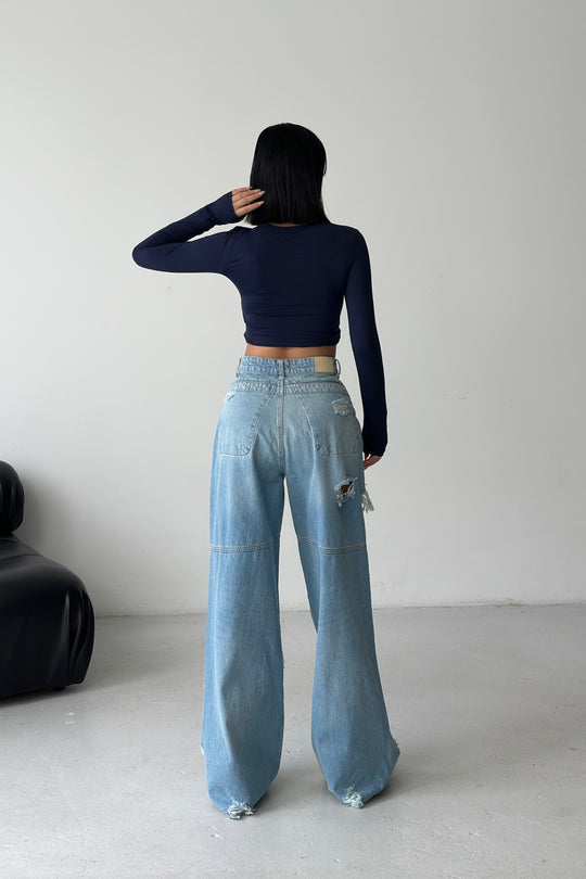 Routines Seam Detail Ripped Jeans - Light Blue 1373-3 Jeans Routines Fashion