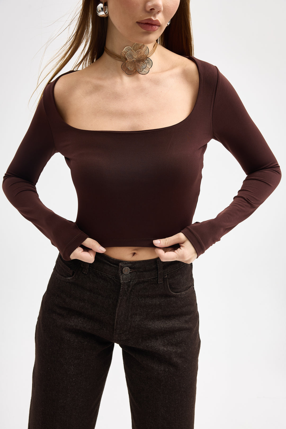 Routines Stretch Crop Top - Brown 10133 Top Routines Fashion