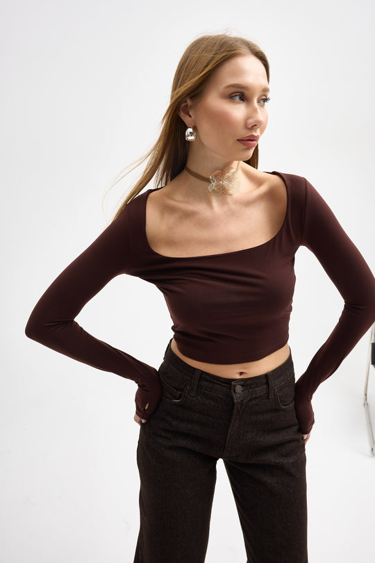 Routines Stretch Crop Top - Brown 10133 Top Routines Fashion