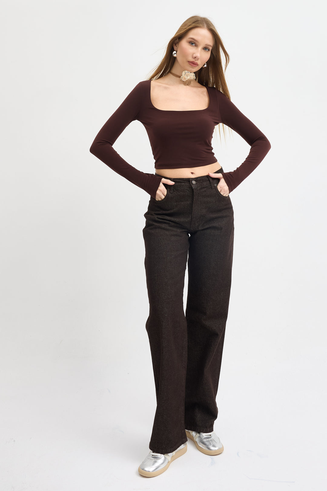 Routines Stretch Crop Top - Brown 10133 Top Routines Fashion