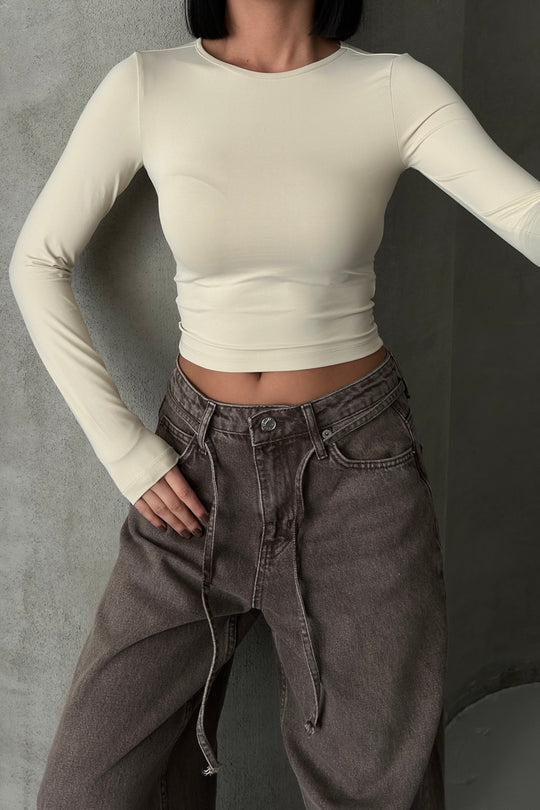 Routines Stretch Longsleeve Crop Top - Beige 391 Top Routines Fashion