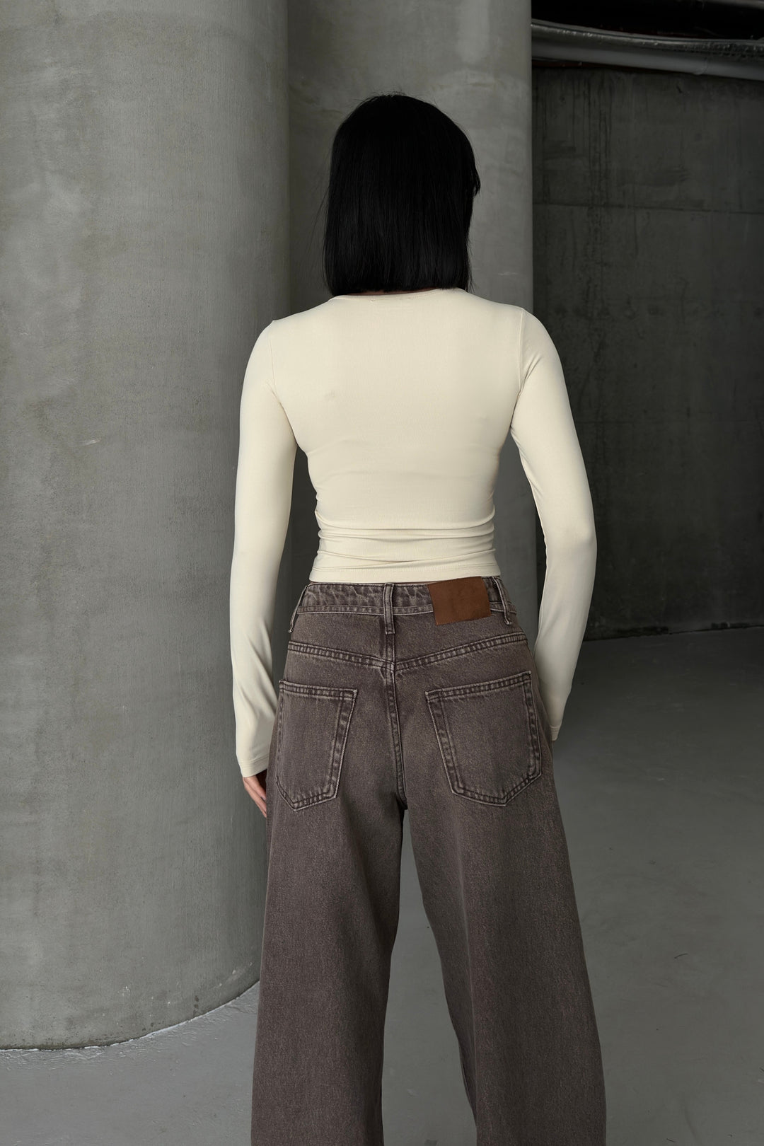 Routines Stretch Longsleeve Crop Top - Beige 391 Top Routines Fashion