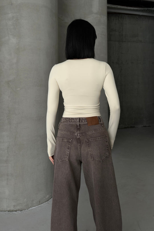 Routines Stretch Longsleeve Crop Top - Beige 391 Top Routines Fashion