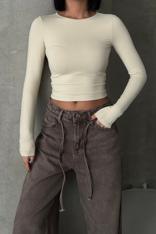 Routines Stretch Longsleeve Crop Top - Beige 391 Top Routines Fashion