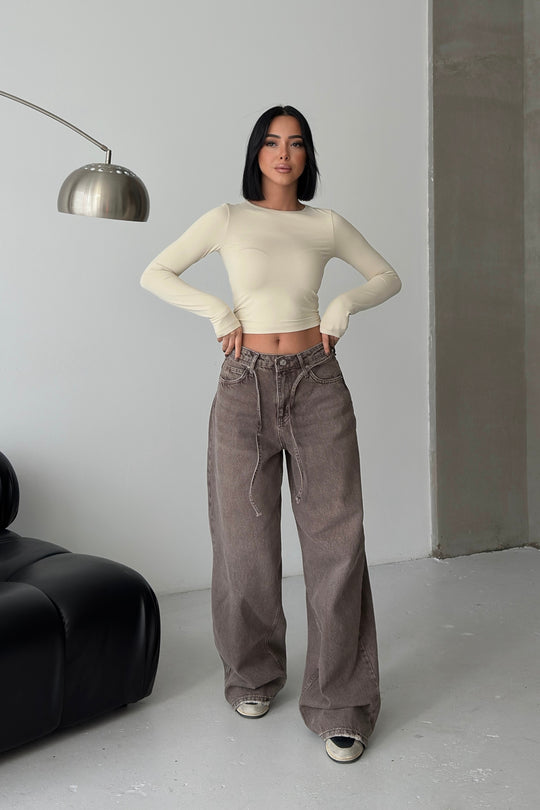 Routines Stretch Longsleeve Crop Top - Beige 391 Top Routines Fashion