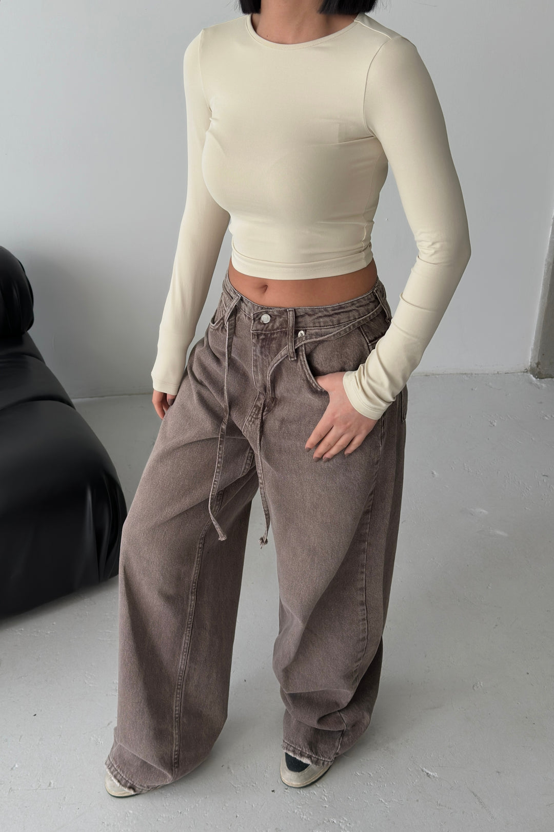 Routines Stretch Longsleeve Crop Top - Beige 391 Top Routines Fashion