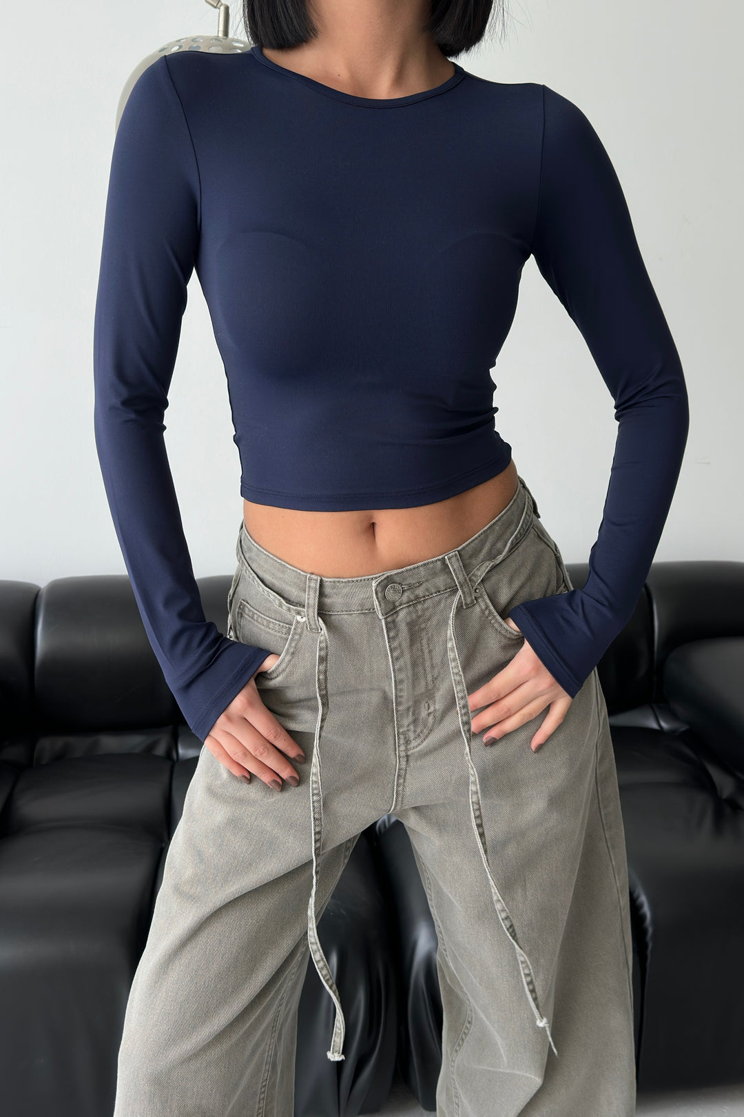 Routines Stretch Longsleeve Crop Top - Navy Blue 391 Top Routines Fashion