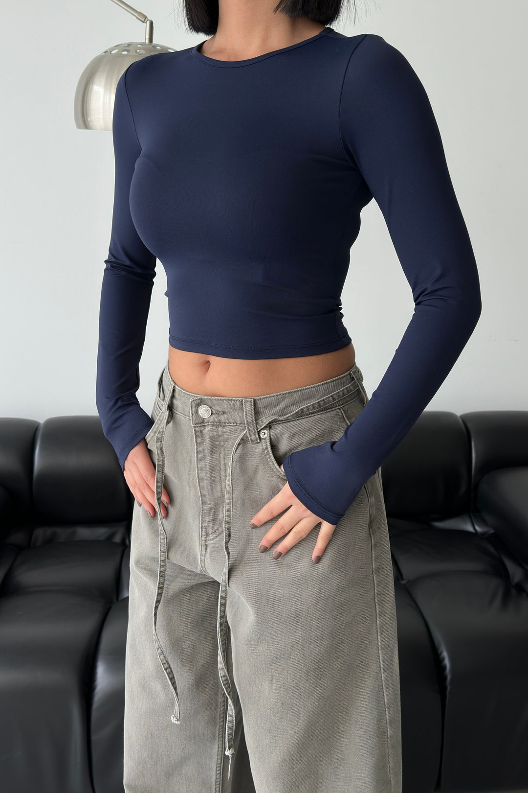 Routines Stretch Longsleeve Crop Top - Navy Blue 391 Top Routines Fashion