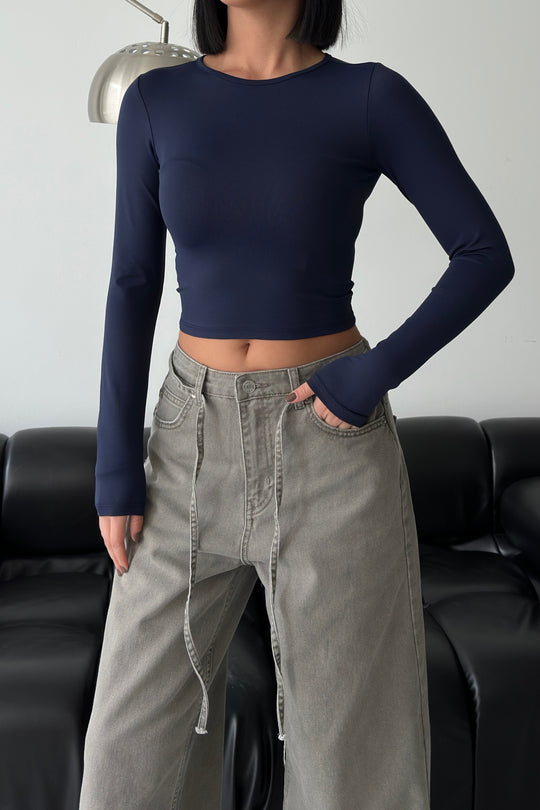 Routines Stretch Longsleeve Crop Top - Navy Blue 391 Top Routines Fashion