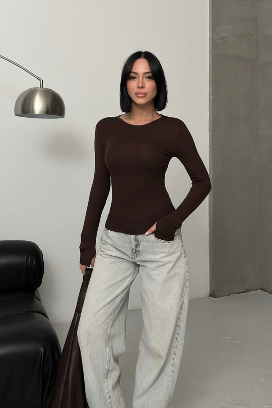 Routines Stretch Longsleeve Top - Brown 392 Top Routines Fashion