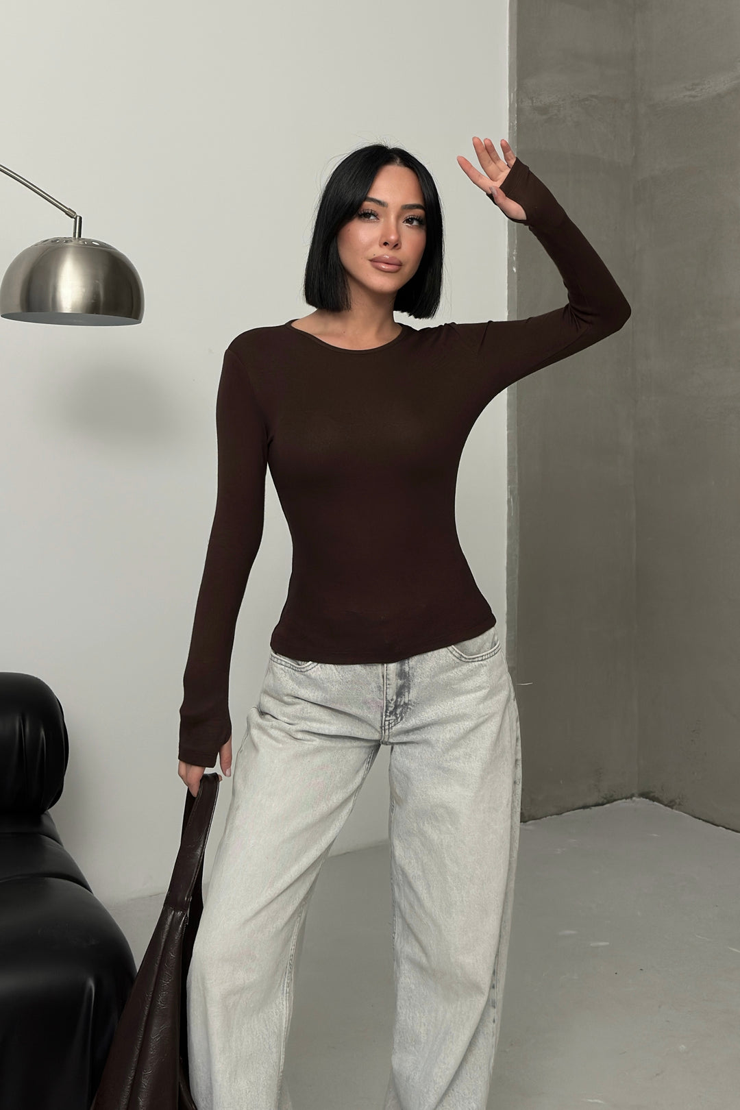 Routines Stretch Longsleeve Top - Brown 392 Top Routines Fashion