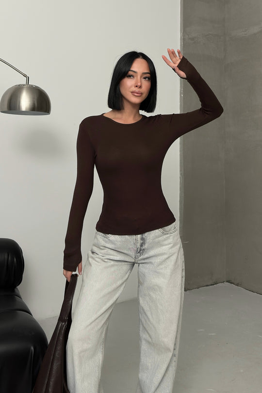 Routines Stretch Longsleeve Top - Brown 392 Top Routines Fashion