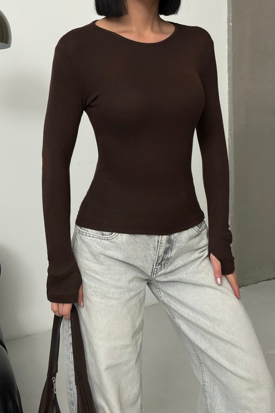 Routines Stretch Longsleeve Top - Brown 392 Top Routines Fashion