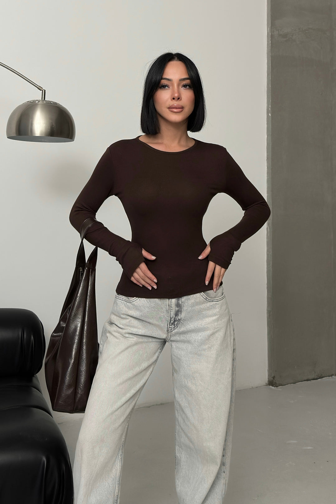 Routines Stretch Longsleeve Top - Brown 392 Top Routines Fashion