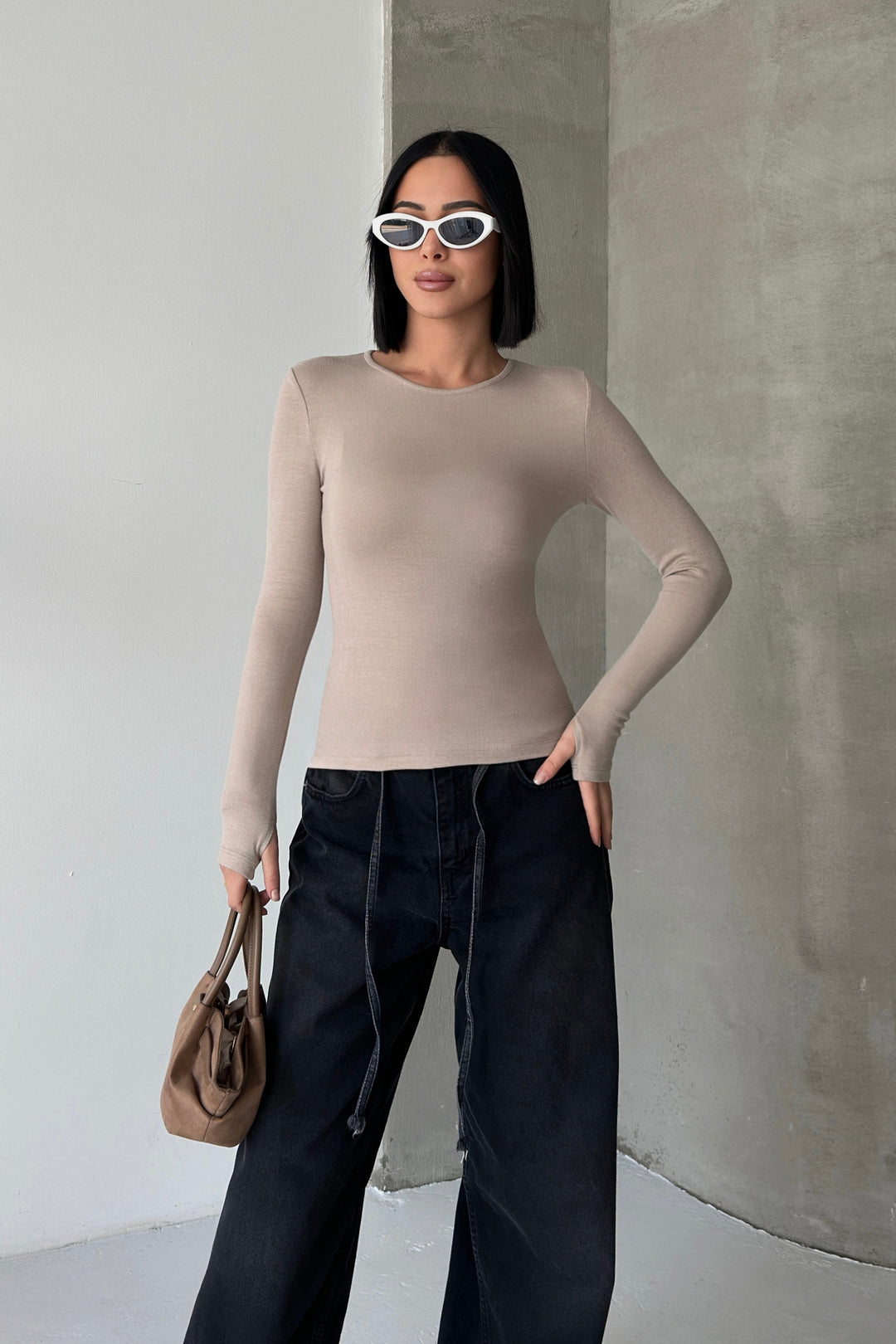 Routines Stretch Longsleeve Top - Stone 392 Top Routines Fashion