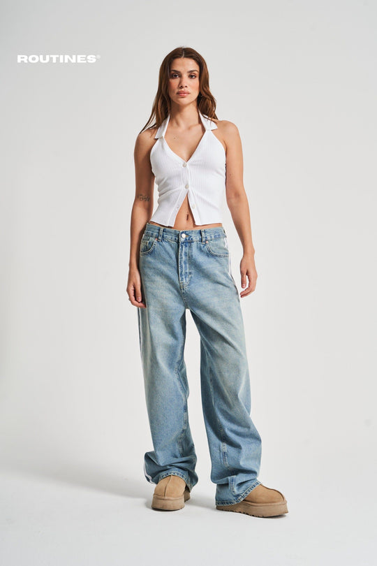 Routines Striped Baggy Straight Leg Jeans 3103 Jeans Routines Fashion