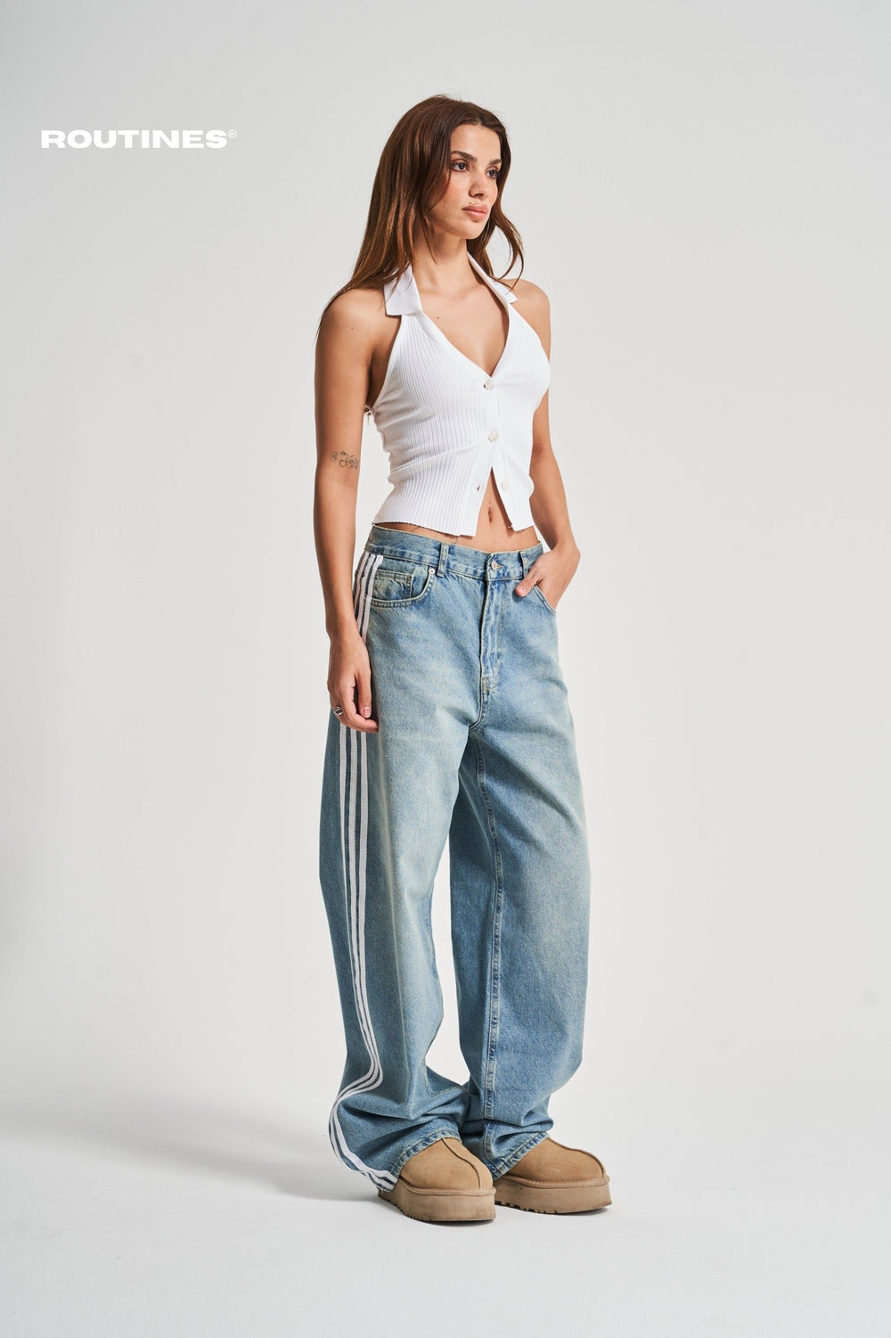Routines Striped Baggy Straight Leg Jeans 3103 Jeans Routines Fashion