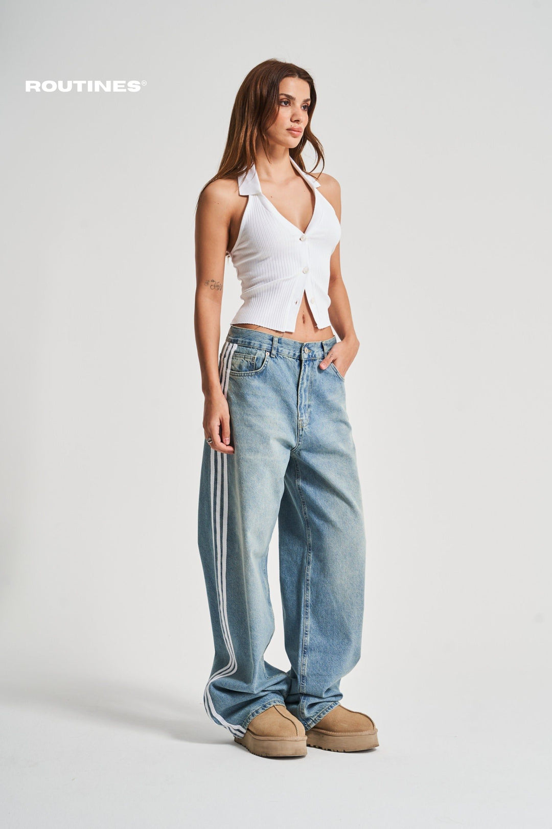 Routines Striped Baggy Straight Leg Jeans 3103 Jeans Routines Fashion