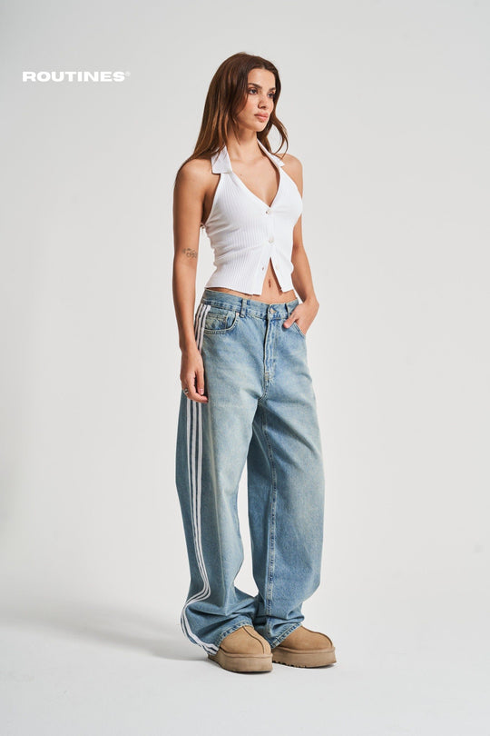 Routines Striped Baggy Straight Leg Jeans 3103 Jeans Routines Fashion