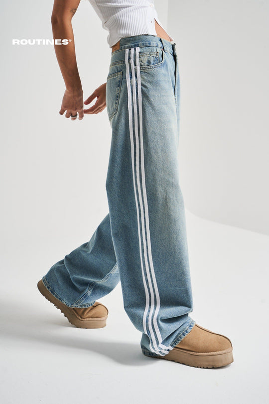Routines Striped Baggy Straight Leg Jeans 3103 Jeans Routines Fashion