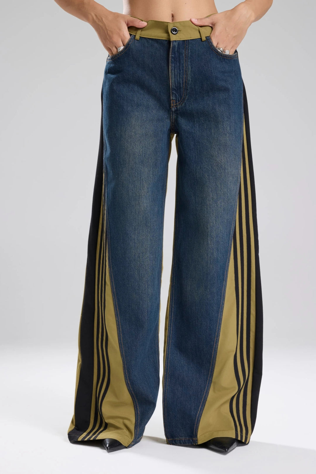 Routines Striped Denim Straight Pants - Army Green 1727 Pants Routines Fashion