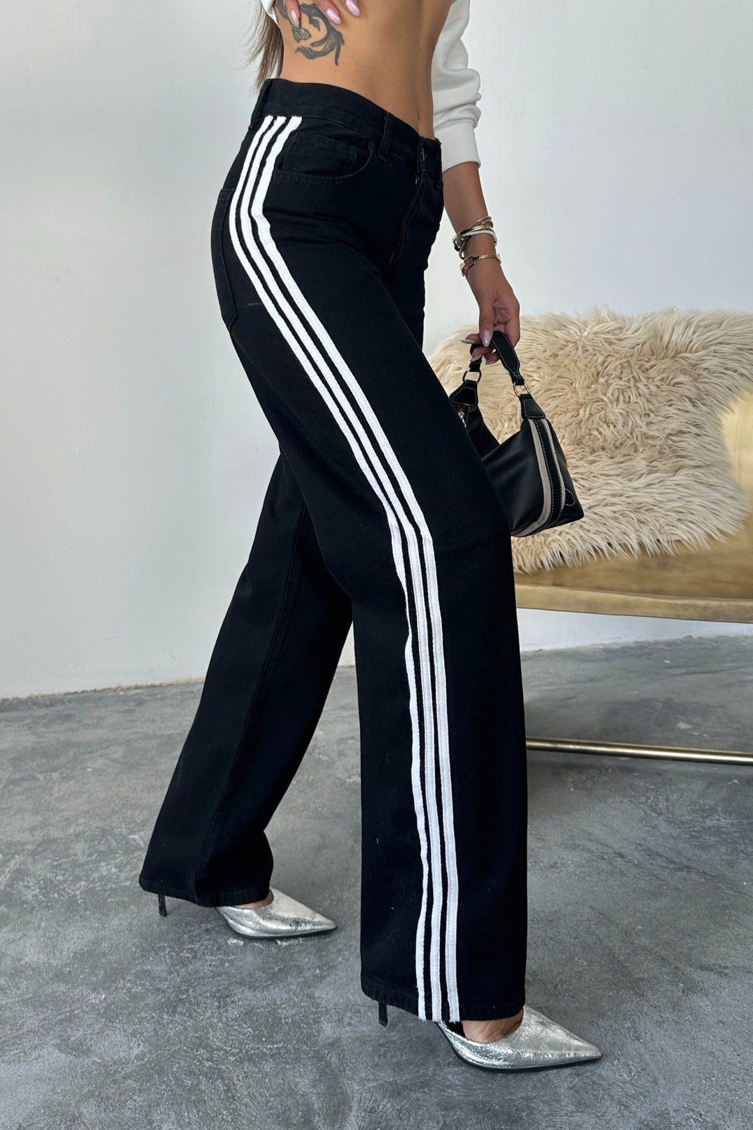 Routines Striped Loose Straight Jeans - Black 2880 Jeans Routines Fashion