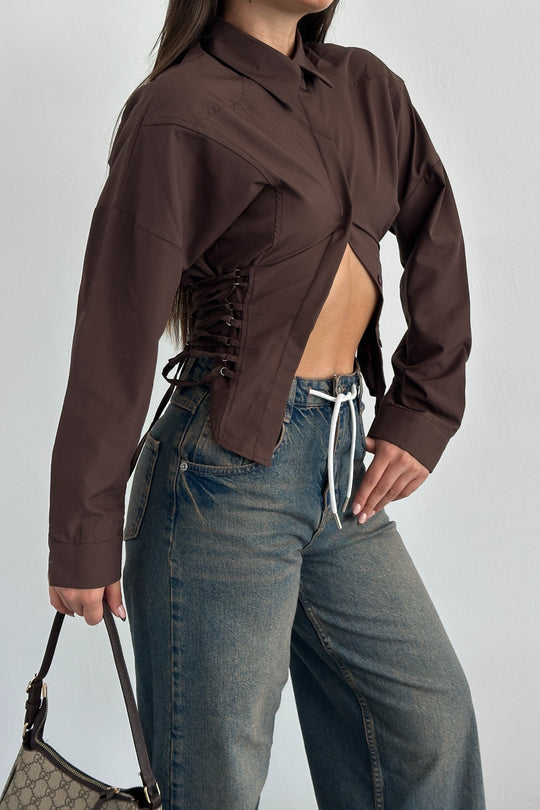 Routines Tie Tailored Blouse - Brown 221751 Blouse Routines Fashion