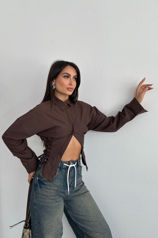 Routines Tie Tailored Blouse - Brown 221751 Blouse Routines Fashion