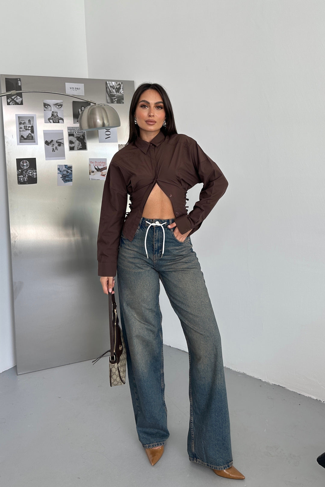 Routines Tie Tailored Blouse - Brown 221751 Blouse Routines Fashion