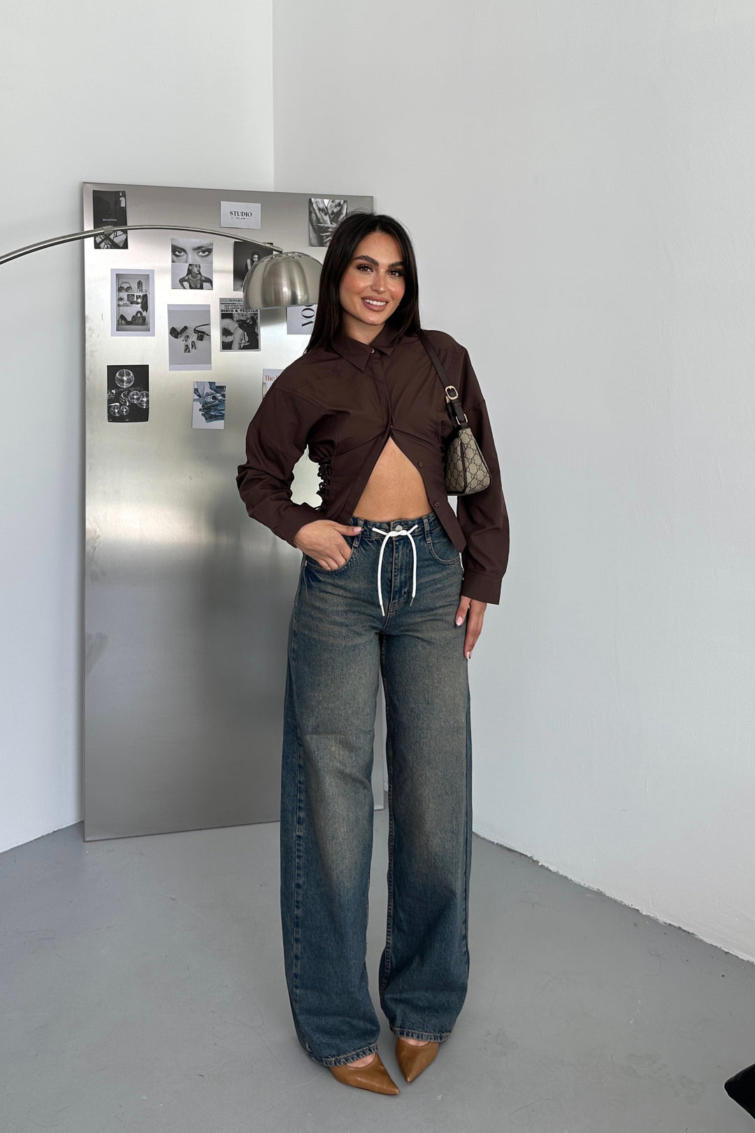 Routines Tie Tailored Blouse - Brown 221751 Blouse Routines Fashion
