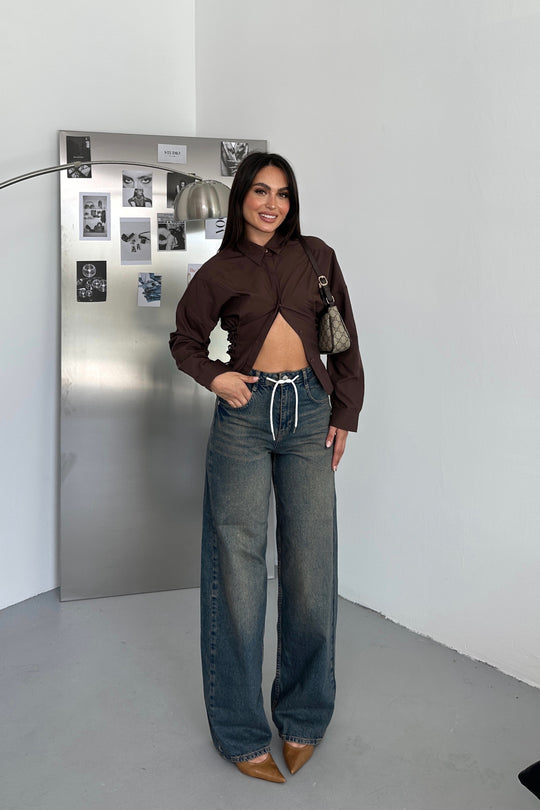 Routines Tie Tailored Blouse - Brown 221751 Blouse Routines Fashion