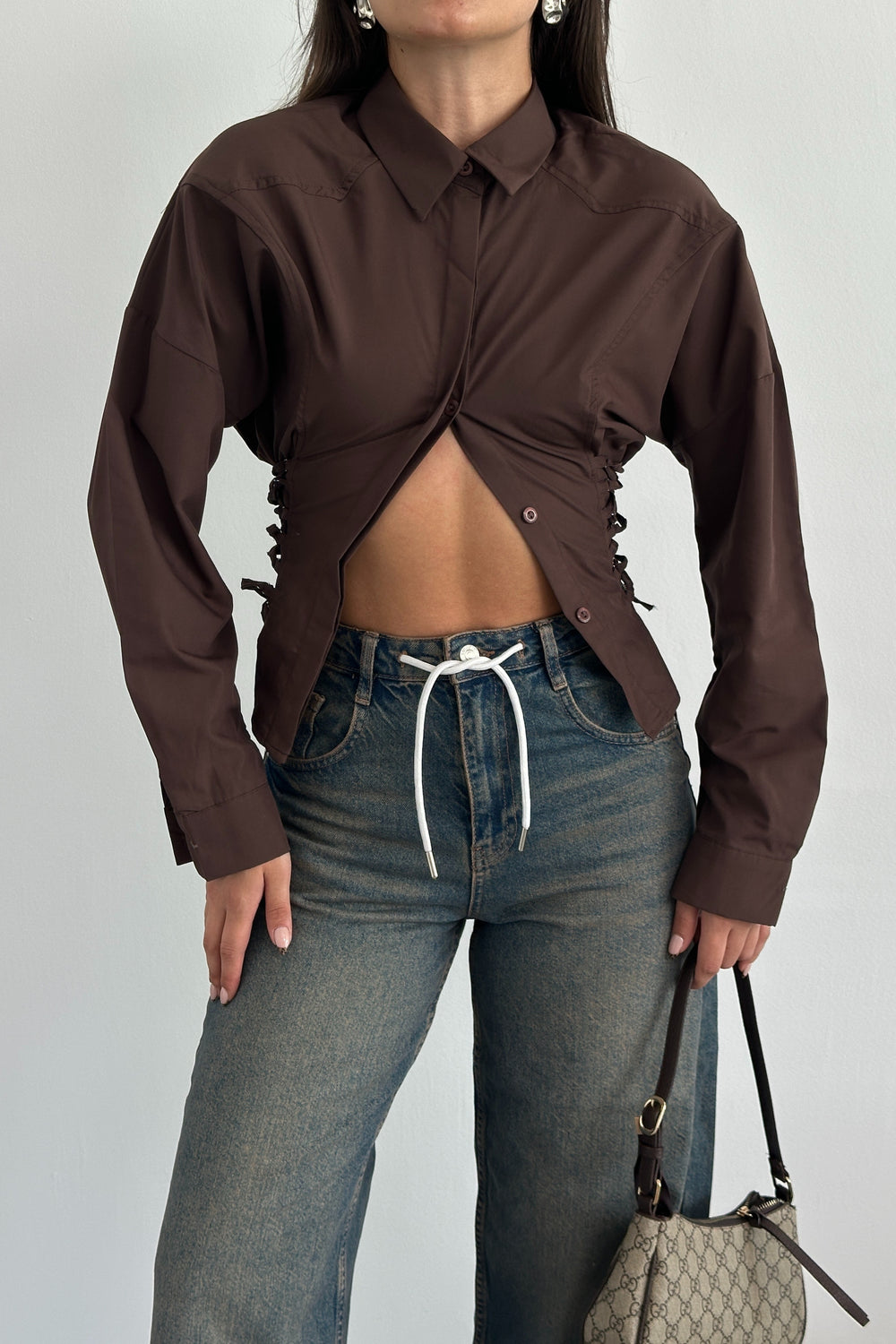 Routines Tie Tailored Blouse - Brown 221751 Blouse Routines Fashion
