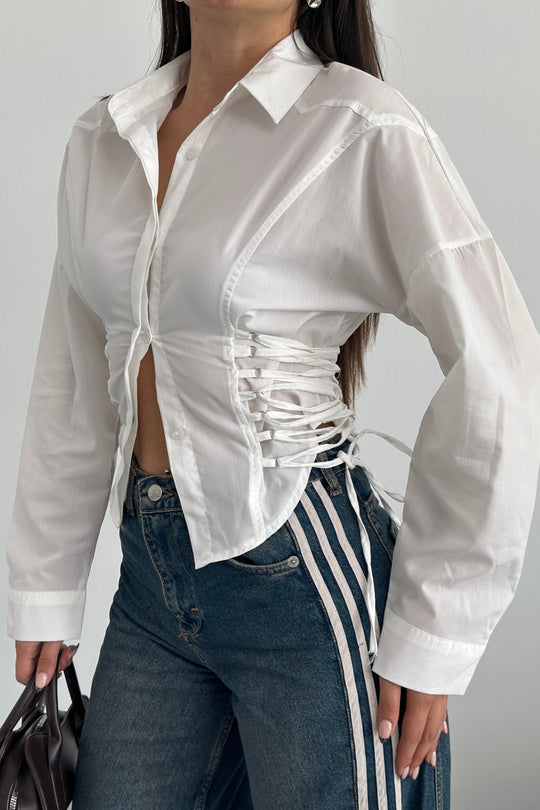 Routines Tie Tailored Blouse - White 221751 Blouse Routines Fashion