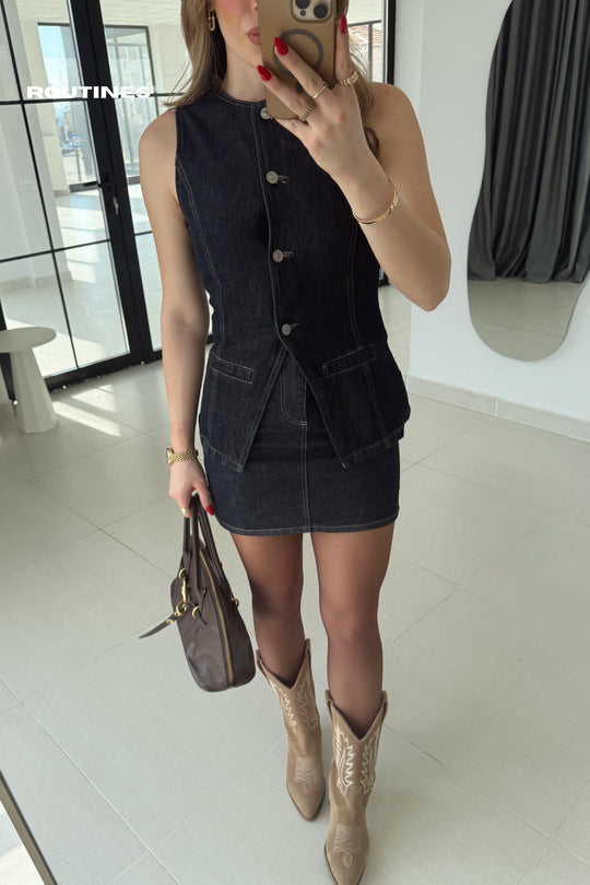 Routines Two Piece Denim Vest Skirt Set - Blue 0200 Set Routines Fashion