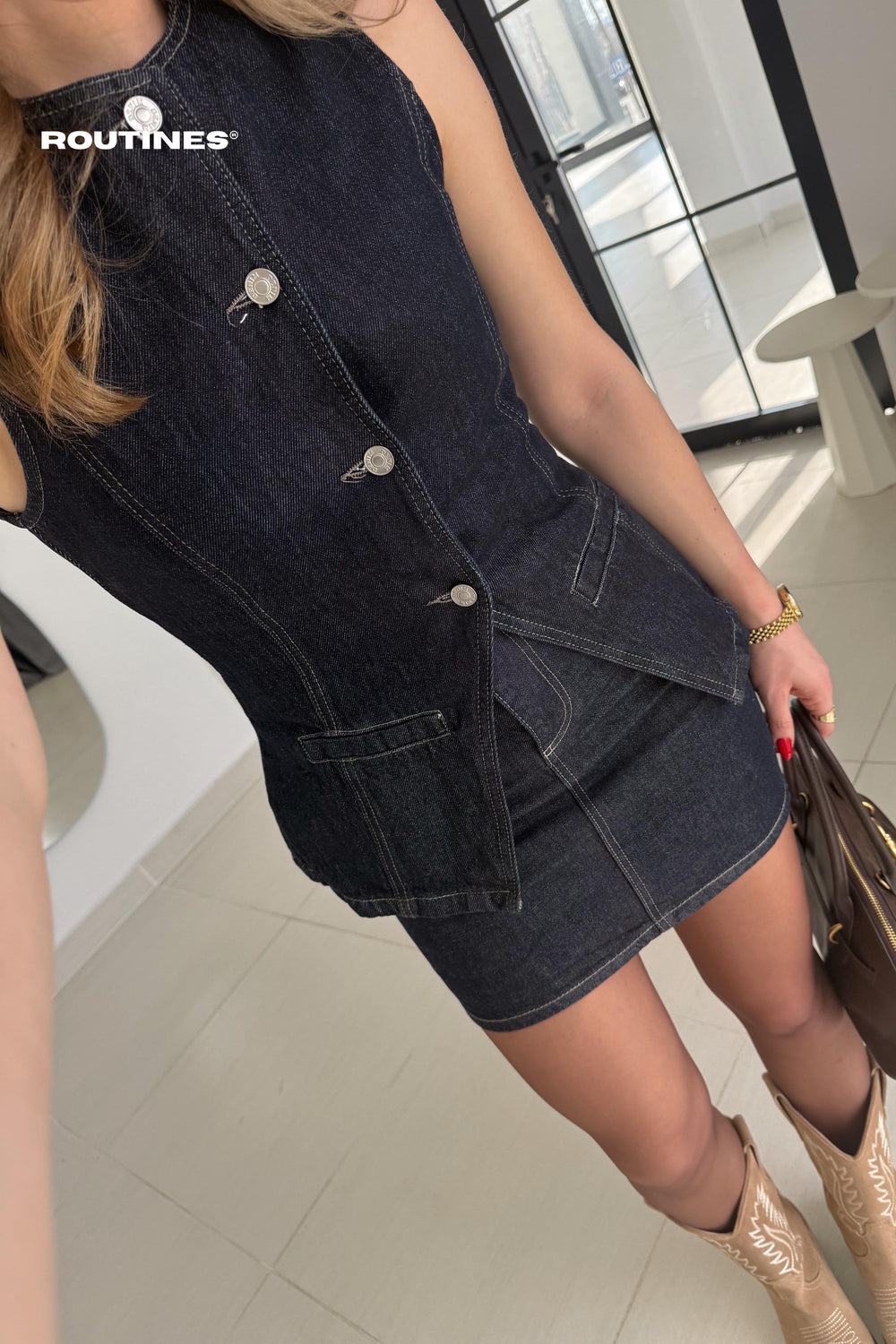 Routines Two Piece Denim Vest Skirt Set - Blue 0200 Set Routines Fashion