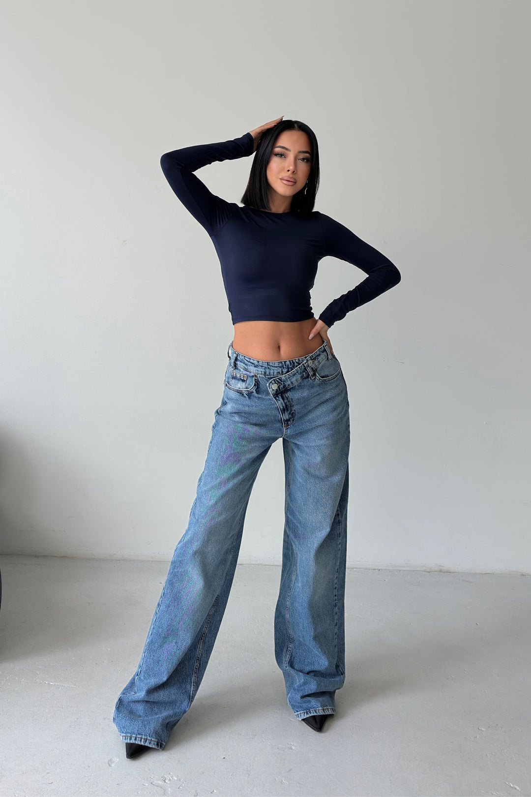 Routines Washed Cross Button Jeans - Dark Blue 1395-23 Jeans Routines Fashion