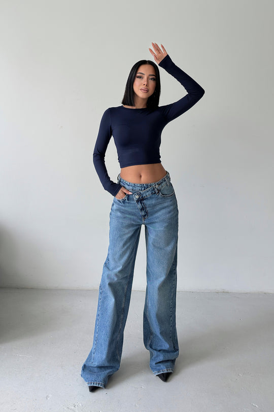 Routines Washed Cross Button Jeans - Dark Blue 1395-23 Jeans Routines Fashion