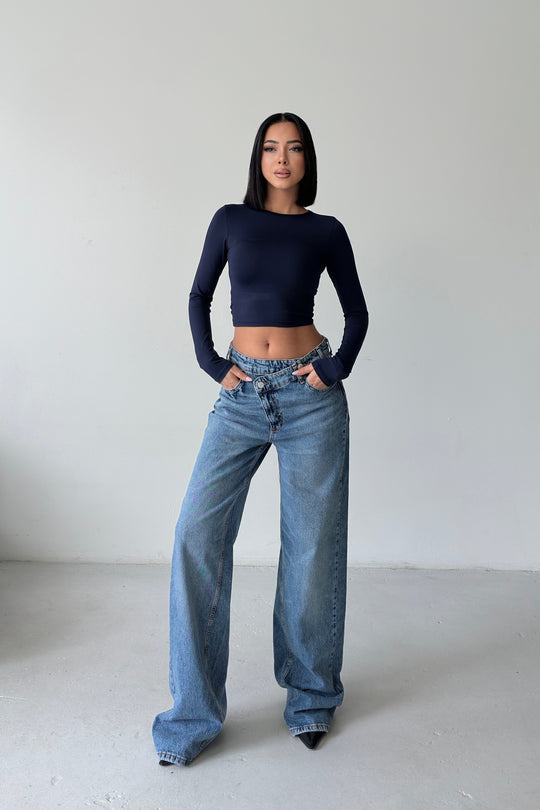 Routines Washed Cross Button Jeans - Dark Blue 1395-23 Jeans Routines Fashion