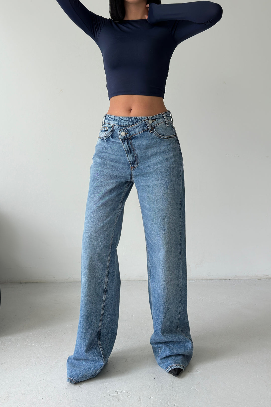 Routines Washed Cross Button Jeans - Dark Blue 1395-23 Jeans Routines Fashion