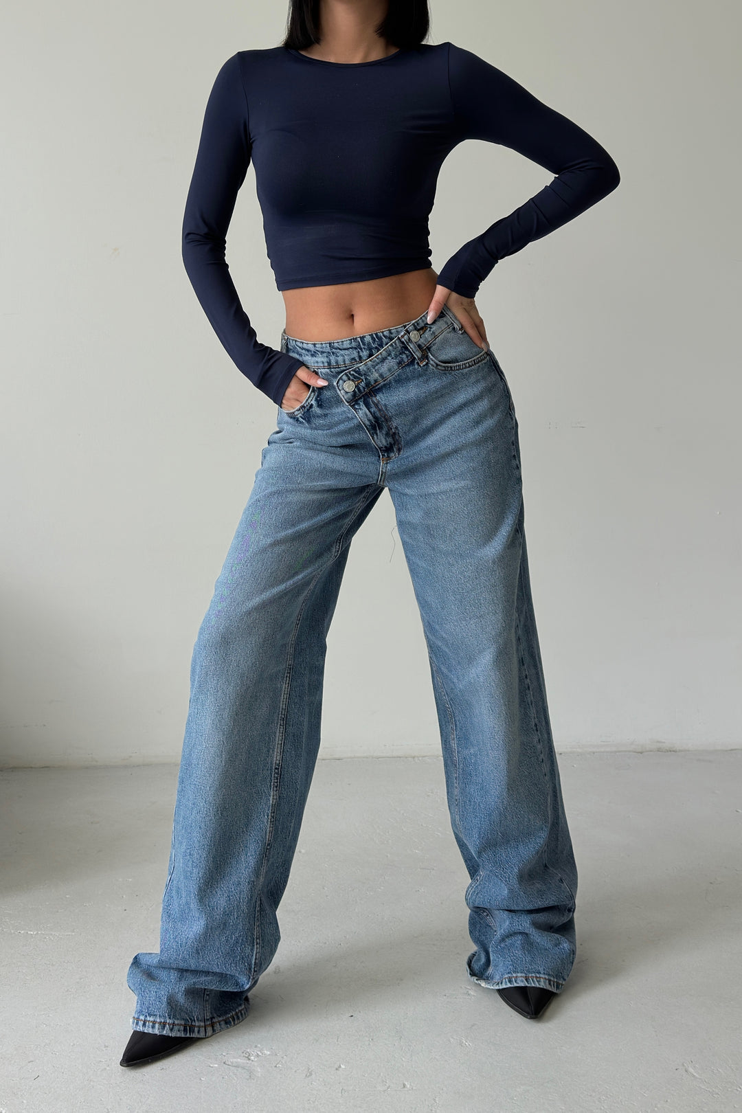 Routines Washed Cross Button Jeans - Dark Blue 1395-23 Jeans Routines Fashion