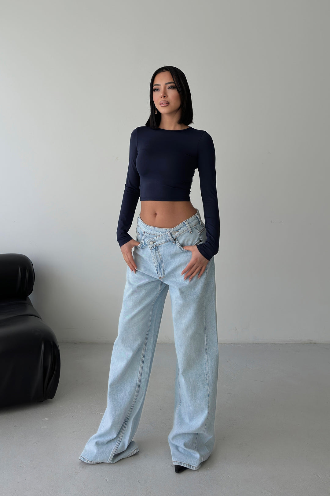 Routines Washed Cross Button Jeans - Light Blue 1395-26 Jeans Routines Fashion