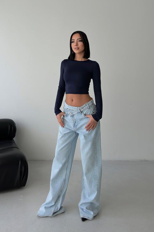 Routines Washed Cross Button Jeans - Light Blue 1395-26 Jeans Routines Fashion