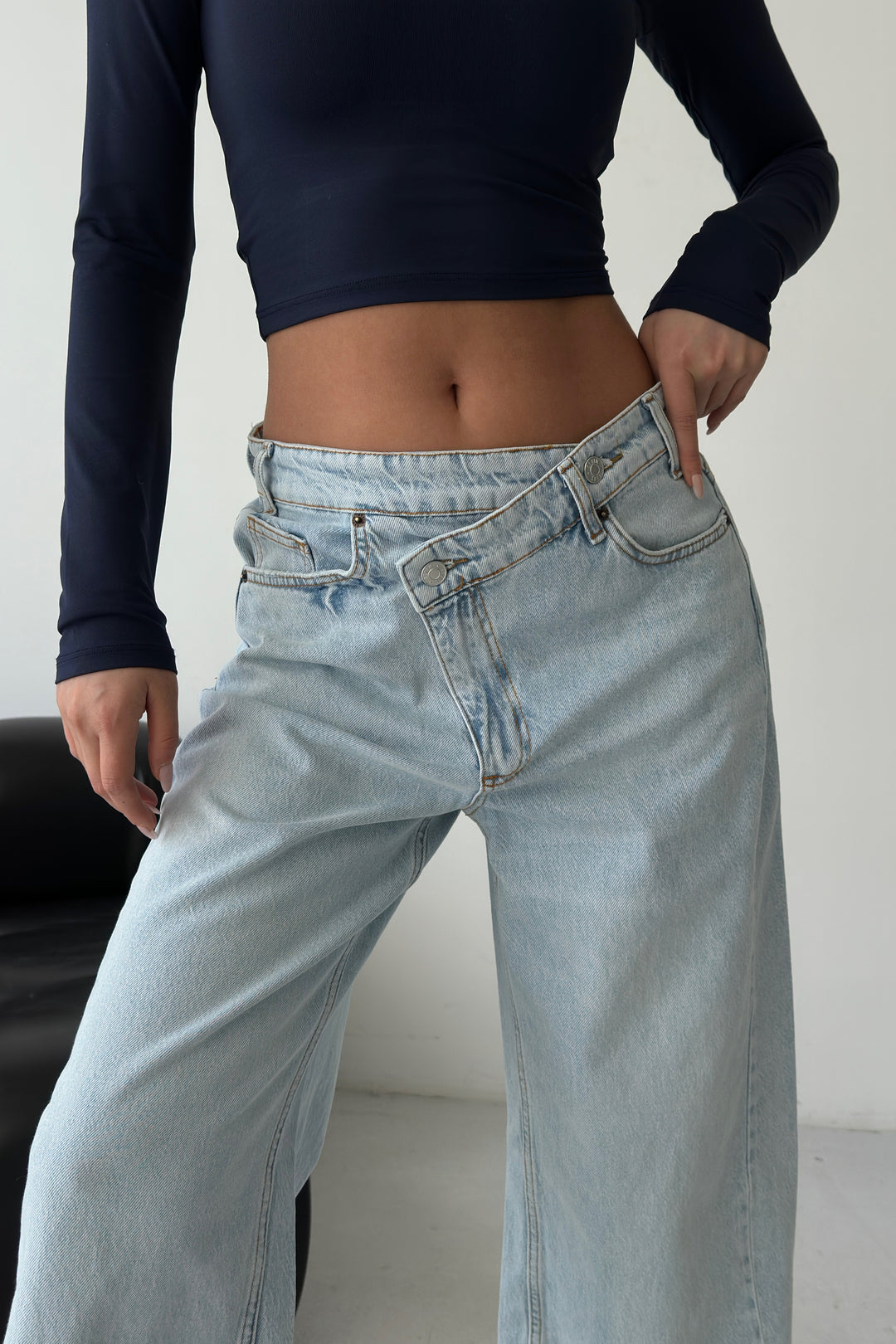 Routines Washed Cross Button Jeans - Light Blue 1395-26 Jeans Routines Fashion