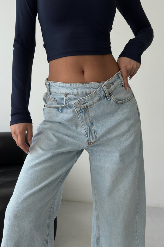 Routines Washed Cross Button Jeans - Light Blue 1395-26 Jeans Routines Fashion