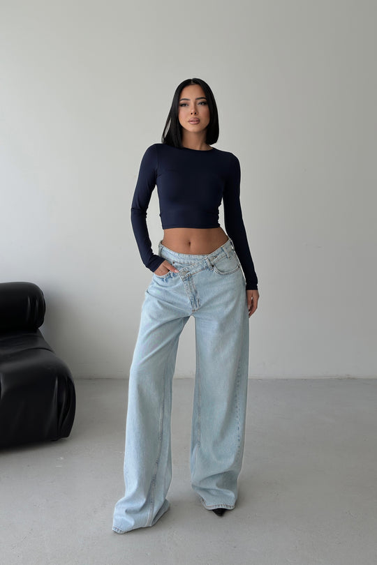 Routines Washed Cross Button Jeans - Light Blue 1395-26 Jeans Routines Fashion