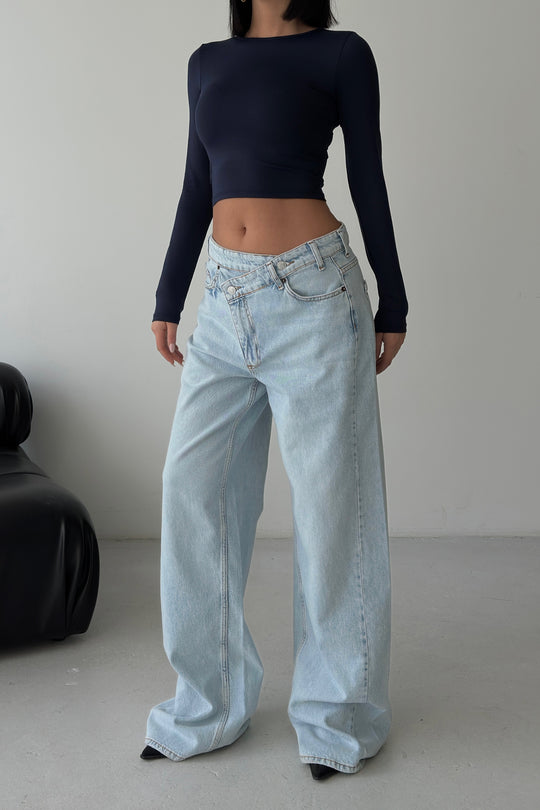 Routines Washed Cross Button Jeans - Light Blue 1395-26 Jeans Routines Fashion