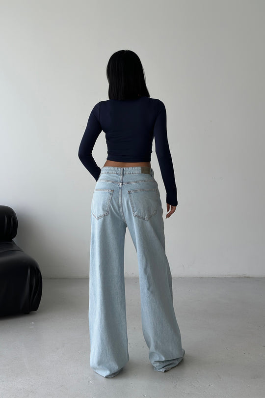 Routines Washed Cross Button Jeans - Light Blue 1395-26 Jeans Routines Fashion