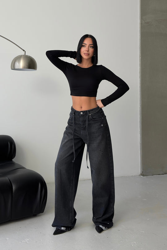 Routines Washed Drawstring Jeans - Anthracite 3652 Jeans Routines Fashion